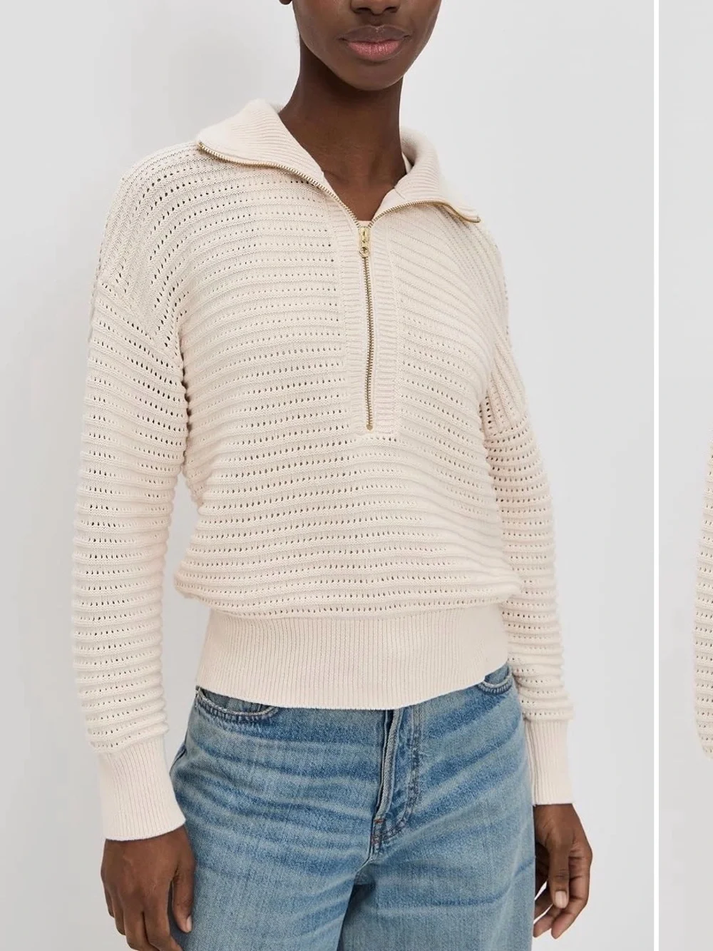 Varley Tara Pointelle Cream Half-Zip Sweater